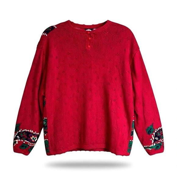 80s Northern Isles Hand Knit Ribbon Red Holiday Bow Sweater Medium Cottagecore - Picture 2 of 11